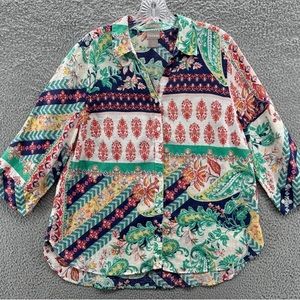 🍓 Chicos Multi Color Red Blue Green White No Iron Linen Lightweight shirt. 2, L